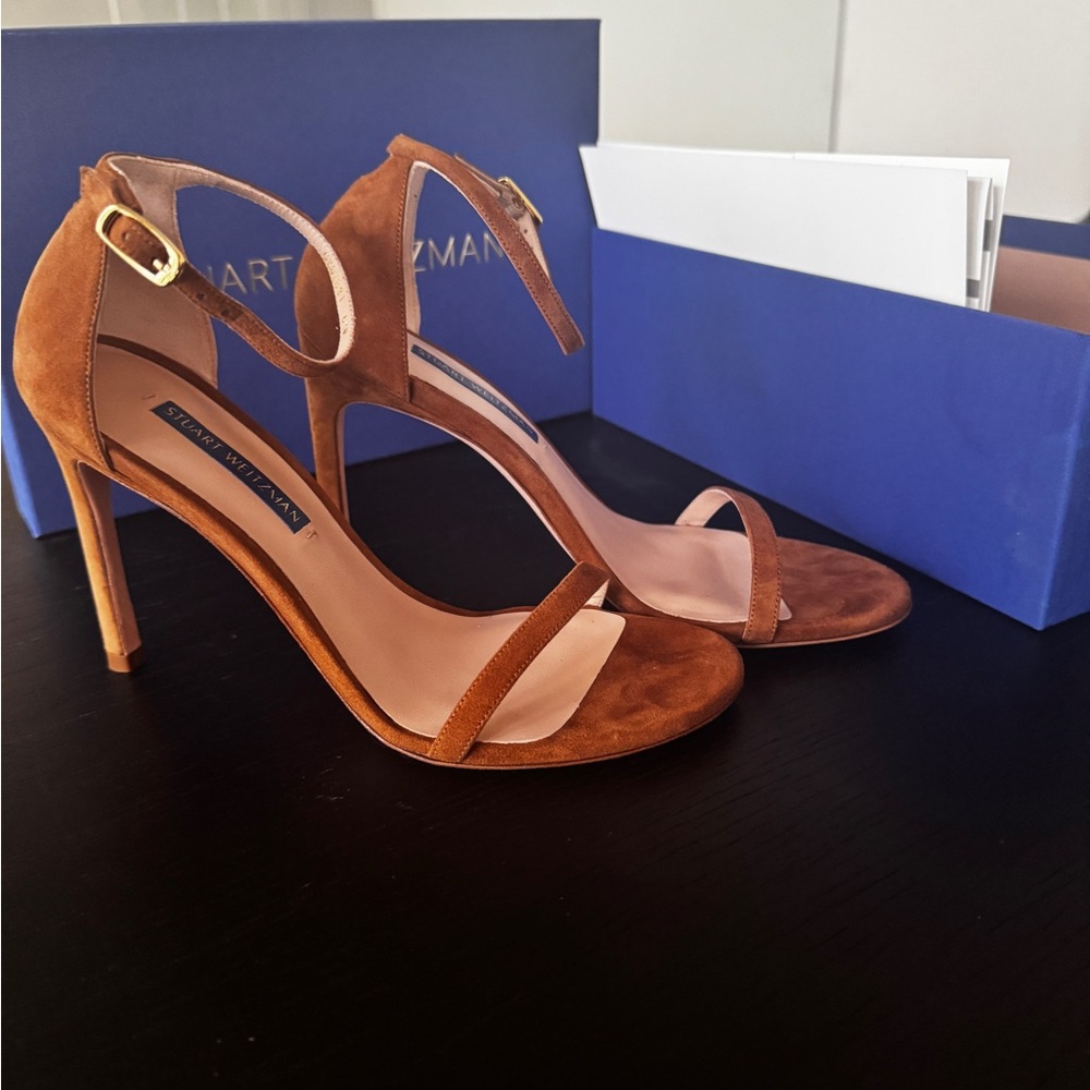 Stuart Weitzman Nudistsong Suede Heels - Basket Brown